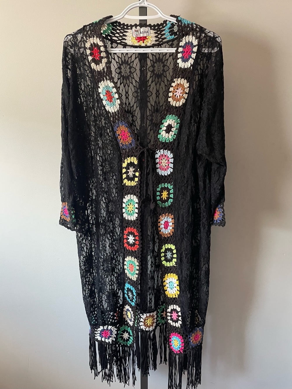Asha Boho Granny Square Crochet Lace Longline Fringe Duster Cardigan Kimono